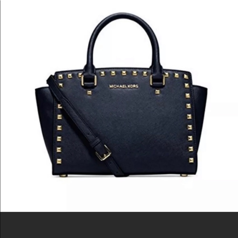 Michael Kors Selma Gold Stud Navy Leather Satchel.
